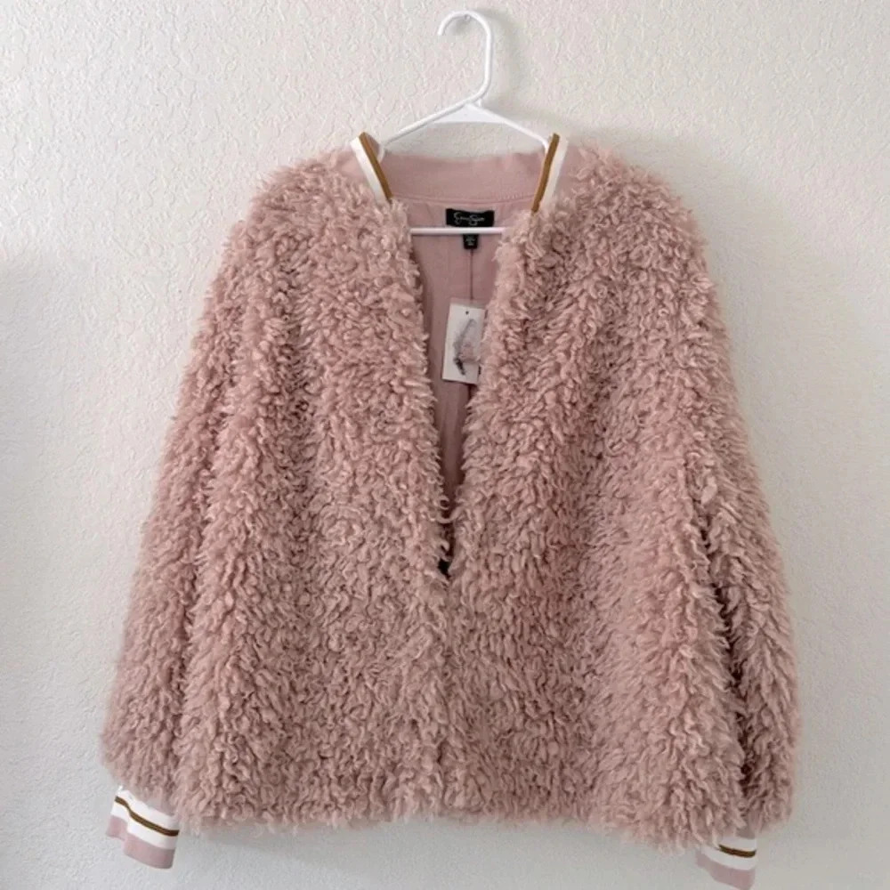 New Faux fur jacket Jessica Simpson 1X lined rose smoke jacket‎ hook eye closure